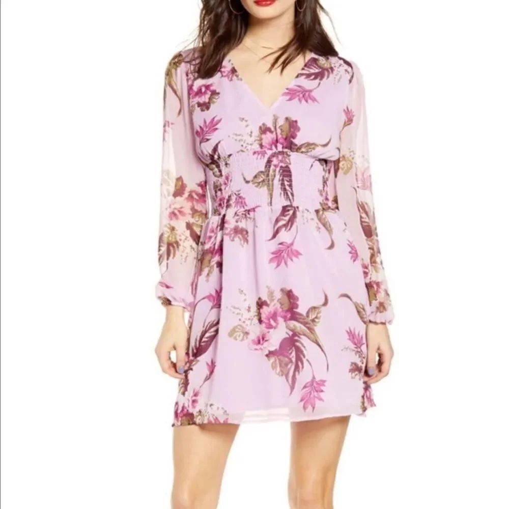 Anthropologie Leith Floral Smocked Mini Dress Purple Floral Women’s Small